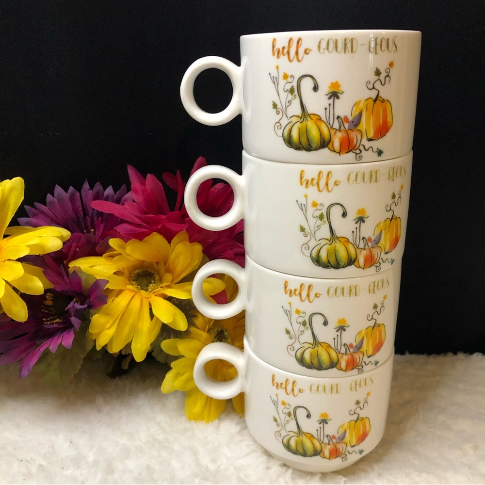 Set Of 4 Grace Fine Porcelain “Hello Gourd-Geous” Stackable Cups/Mugs EUC